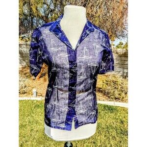Breezy Navy Yacht Print 1980s Women's Small Gauzy Sheen Button-Down Shirt EUC